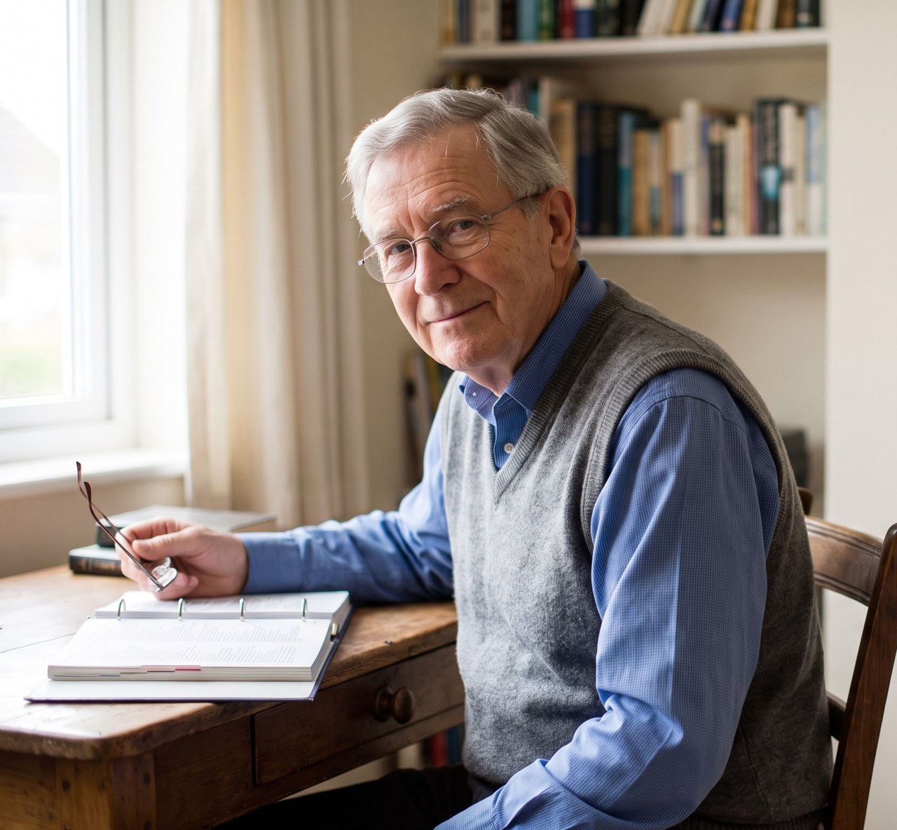 Roy, a retired benefits and bookkeeping professional with grey hair and glasses, photographed against a plain studio backdrop.