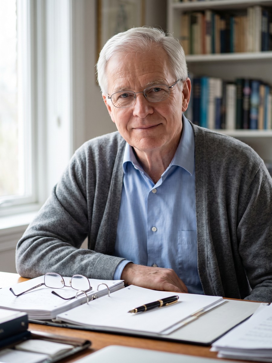Roy at his desk with an open reference binder and reading glasses, a wall of books behind him.
